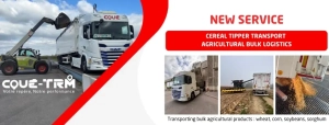 Cereal tipper transport by Coué, bulk agricultural logistics for wheat, corn, soybeans, and sorghum.