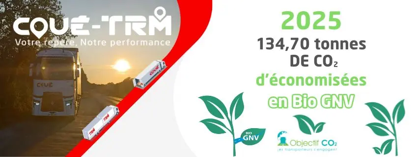 Camion du Groupe Coué TRM roulant au coucher du soleil, illustrant 134,70 tonnes de CO₂ économisées en 2025 grâce au transport routier en bio GNV
