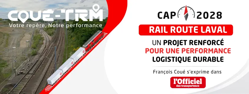 Train de fret sur voie ferrée illustrant le projet multimodal rail-route à Laval (53) porté par le Groupe Coué pour une logistique durable