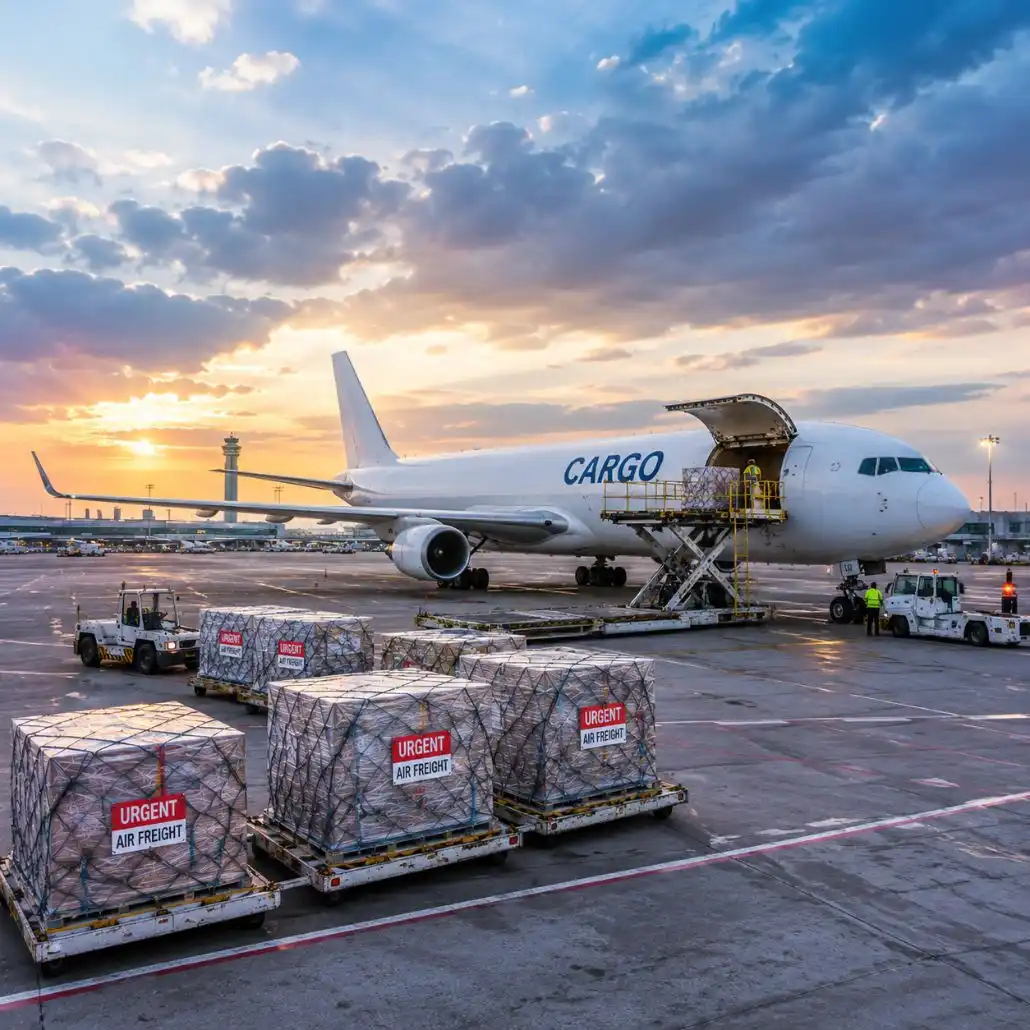 Fret aérien international avec avion cargo et expédition urgente de marchandises sur plateforme aéroportuaire