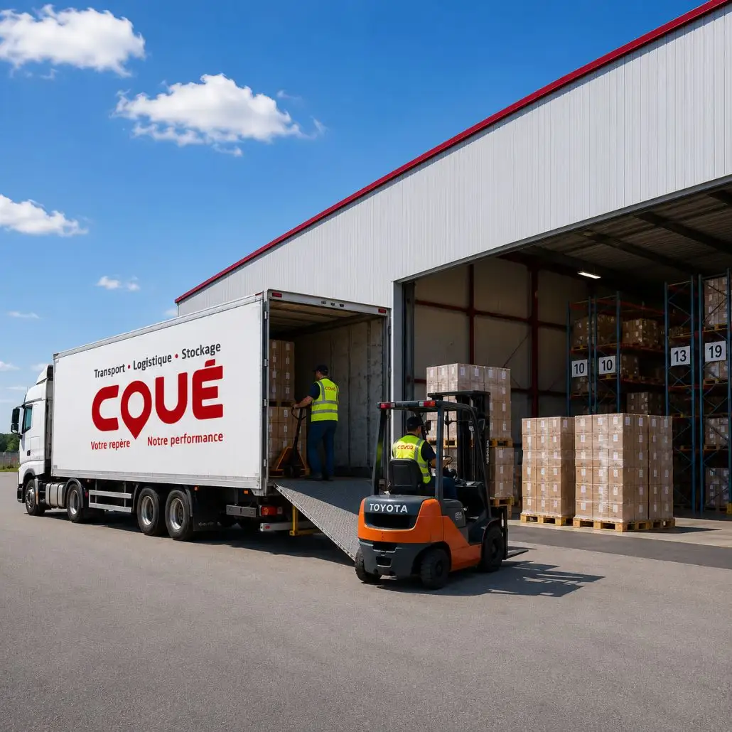 Camion des transports Coué en chargement à quai avec chariot élévateur dans un entrepôt logistique