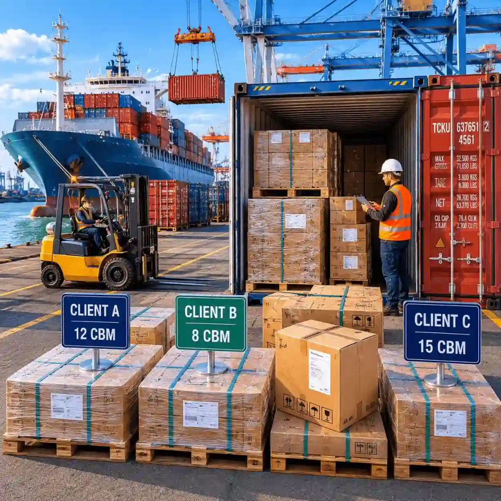 Transport maritime en groupage LCL avec consolidation de palettes et chargement de conteneurs
