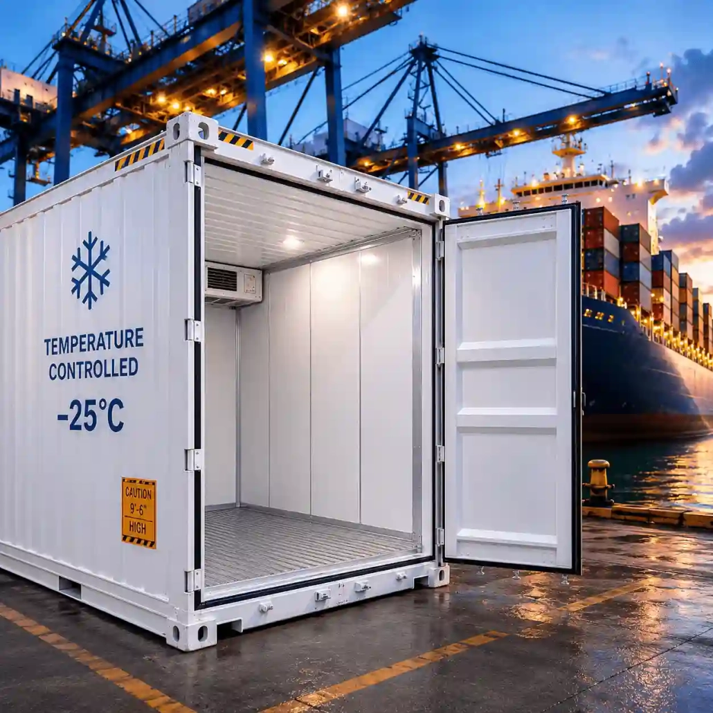 Transport maritime frigorifique avec conteneur reefer à température contrôlée et porte-conteneurs en arrière-plan