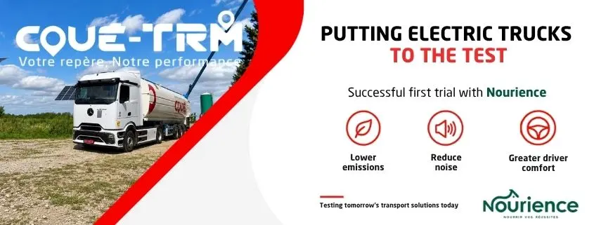 Coué TRM electric truck trial with Nourience to reduce noise during animal feed deliveries to farms.