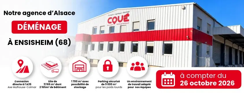 Nouvelle plateforme de transport et logistique du Groupe Coué à Ensisheim (68), en Alsace, avec 1 700 m² de stockage.